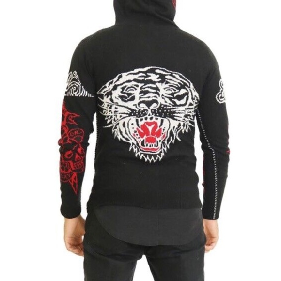ED HARDY NWT Hooded Wool Blend Knit Sweater Cardigan Vintage Zip Up Lion. L - Picture 6 of 15